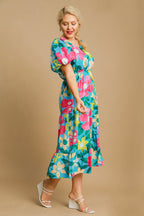 Umgee Full Size Tiered Floral Print Notched Puff Sleeve Midi Dress Plus Size