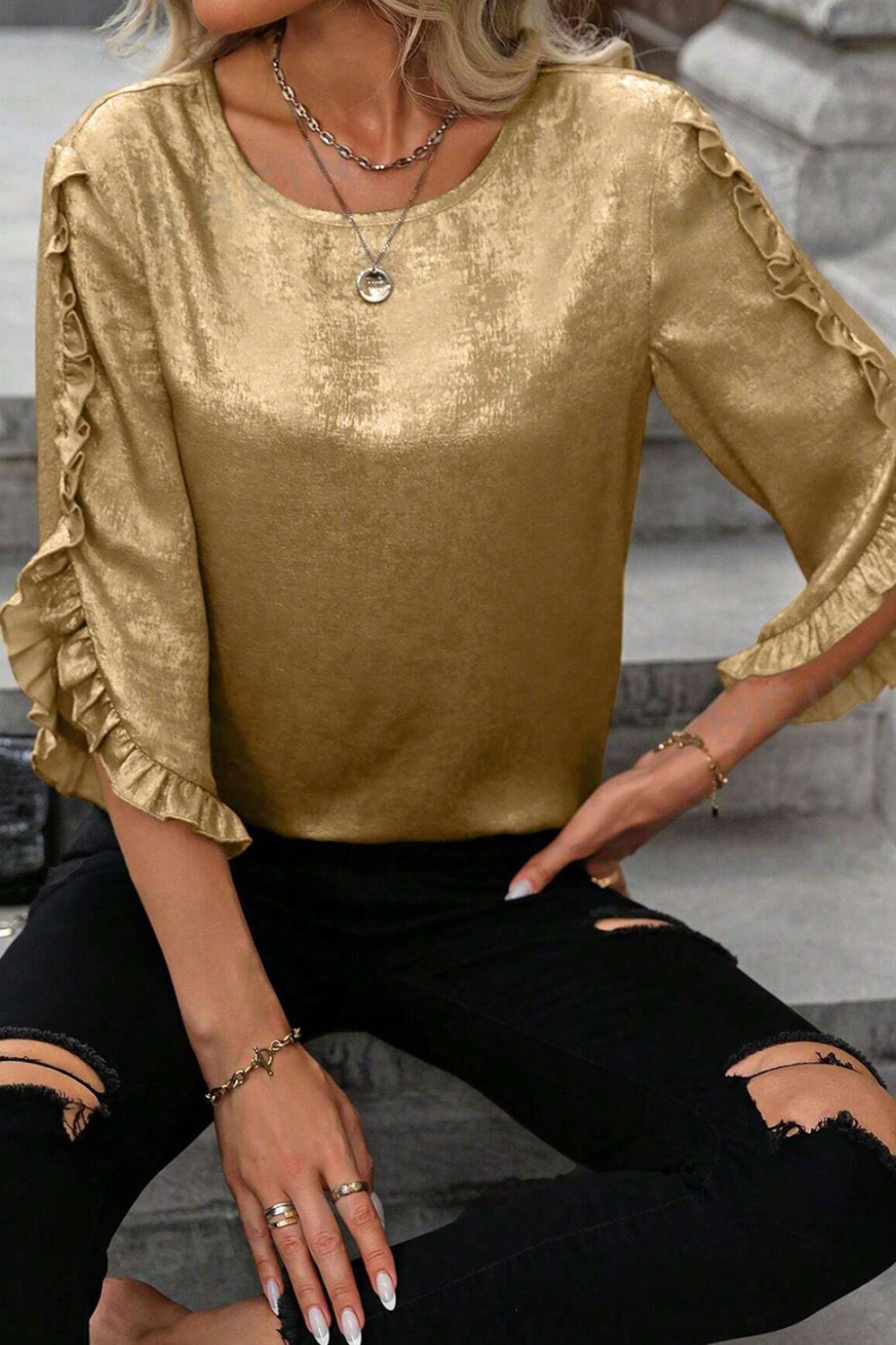 Metallic Luster Round Neck Frill 3/4 Sleeve Blouse - felvior