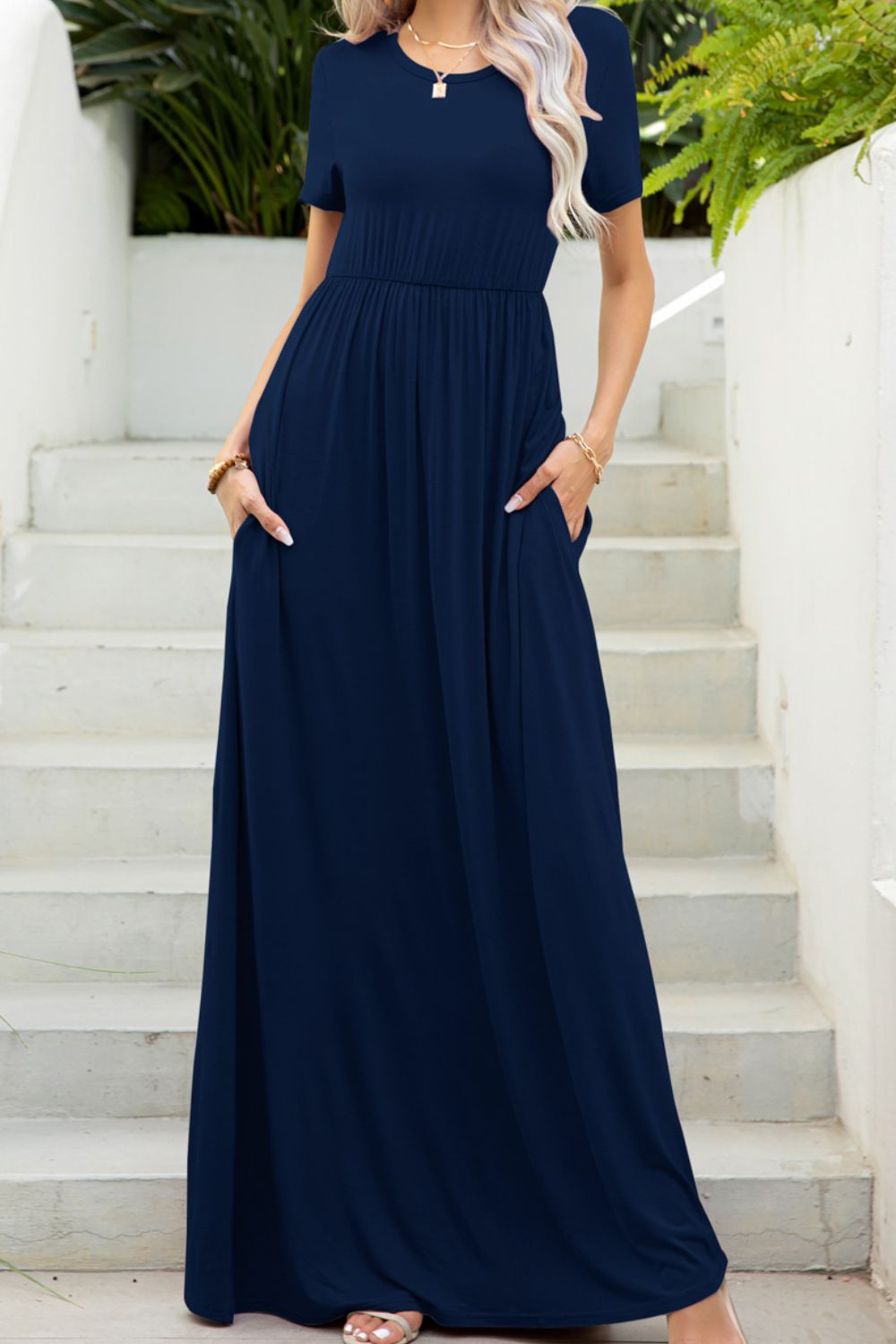 Round Neck Maxi Tee Dress with Pockets - felvior