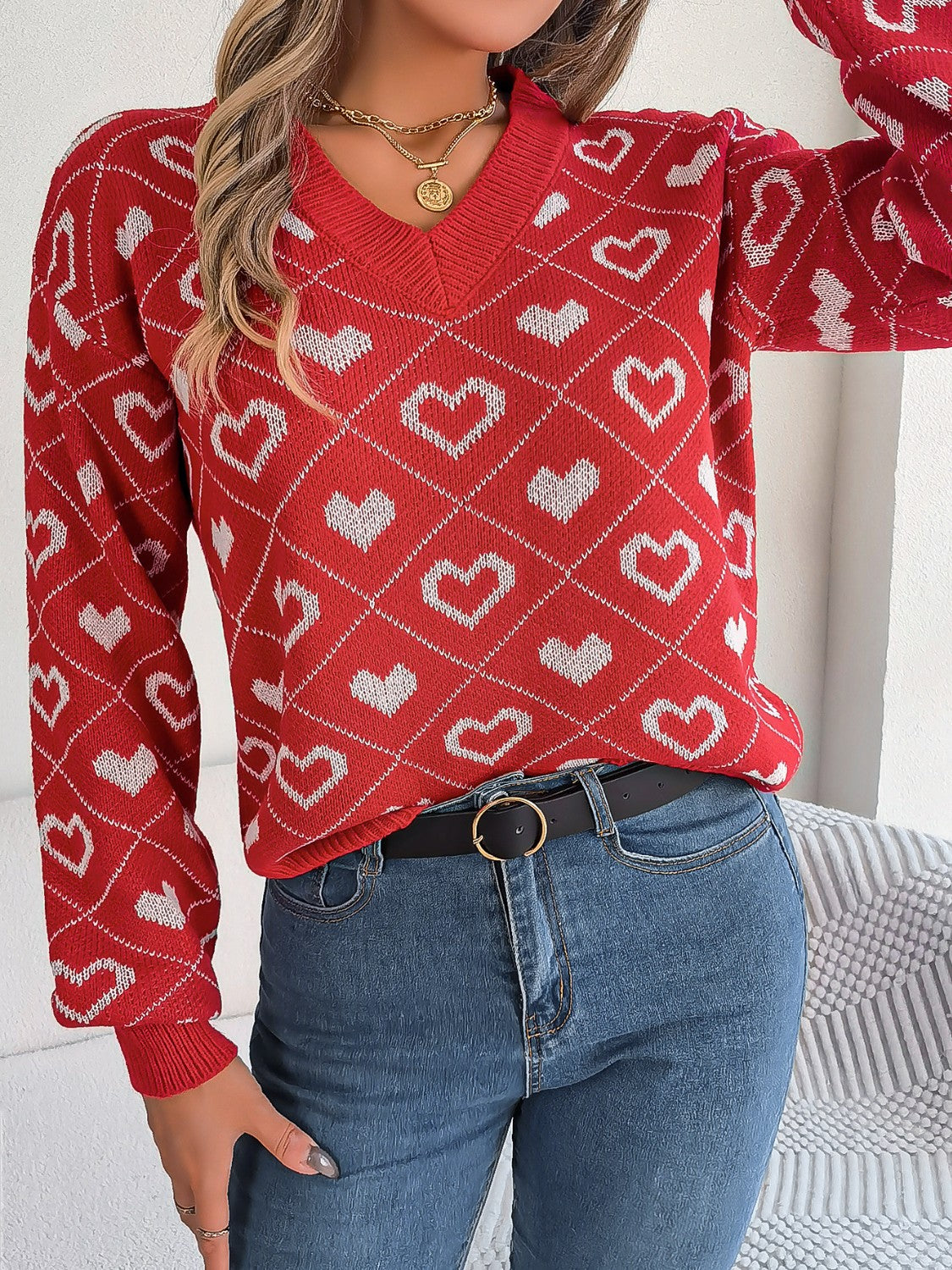 Heart Pattern V-Neck Long Sleeve Sweater - felvior