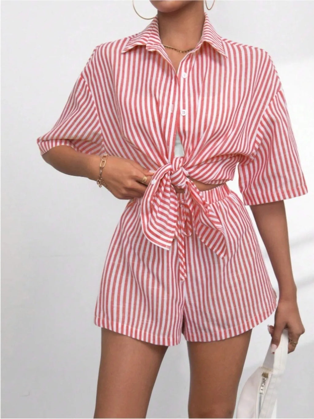 Striped Button Up Shirt and Shorts Set