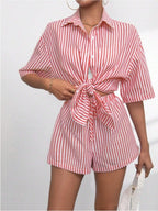 Striped Button Up Shirt and Shorts Set