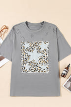 Stars Leopard Graphic Distressed T-Shirt