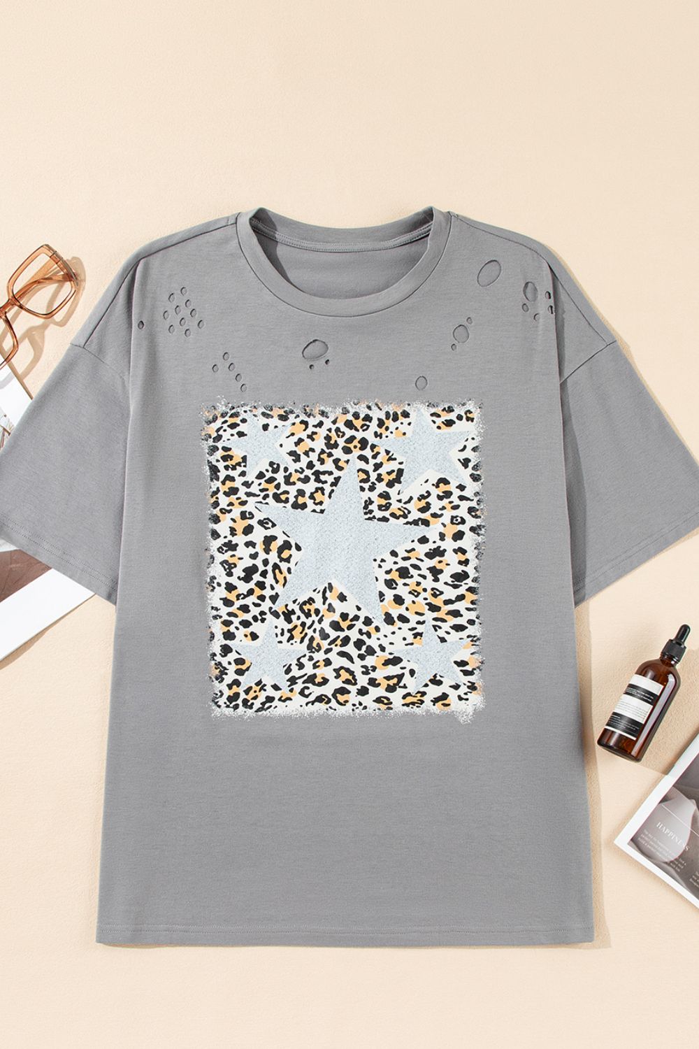 Stars Leopard Graphic Distressed T-Shirt