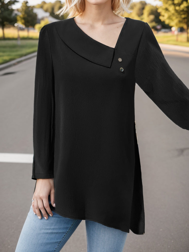 Asymmetrical Neck Long Sleeve Blouse - felvior
