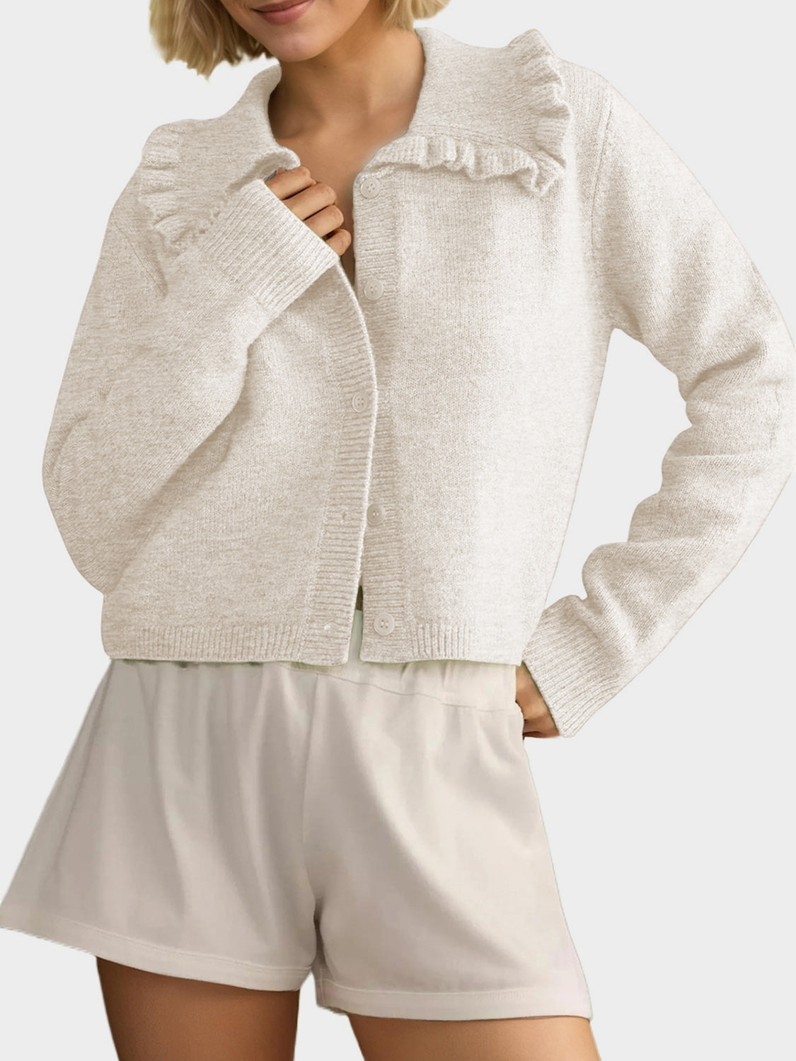 Frill Button Up Collared Neck Long Sleeve Cardigan - felvior