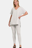 Zenana V-Neck Rolled Short Sleeve T-Shirt and Leggings Lounge Set - felvior