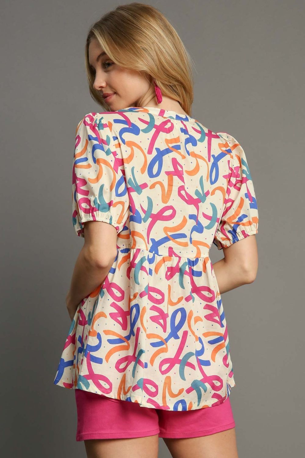 Umgee Full Size Mixed Print Puff Sleeve Babydoll Blouse Plus Size