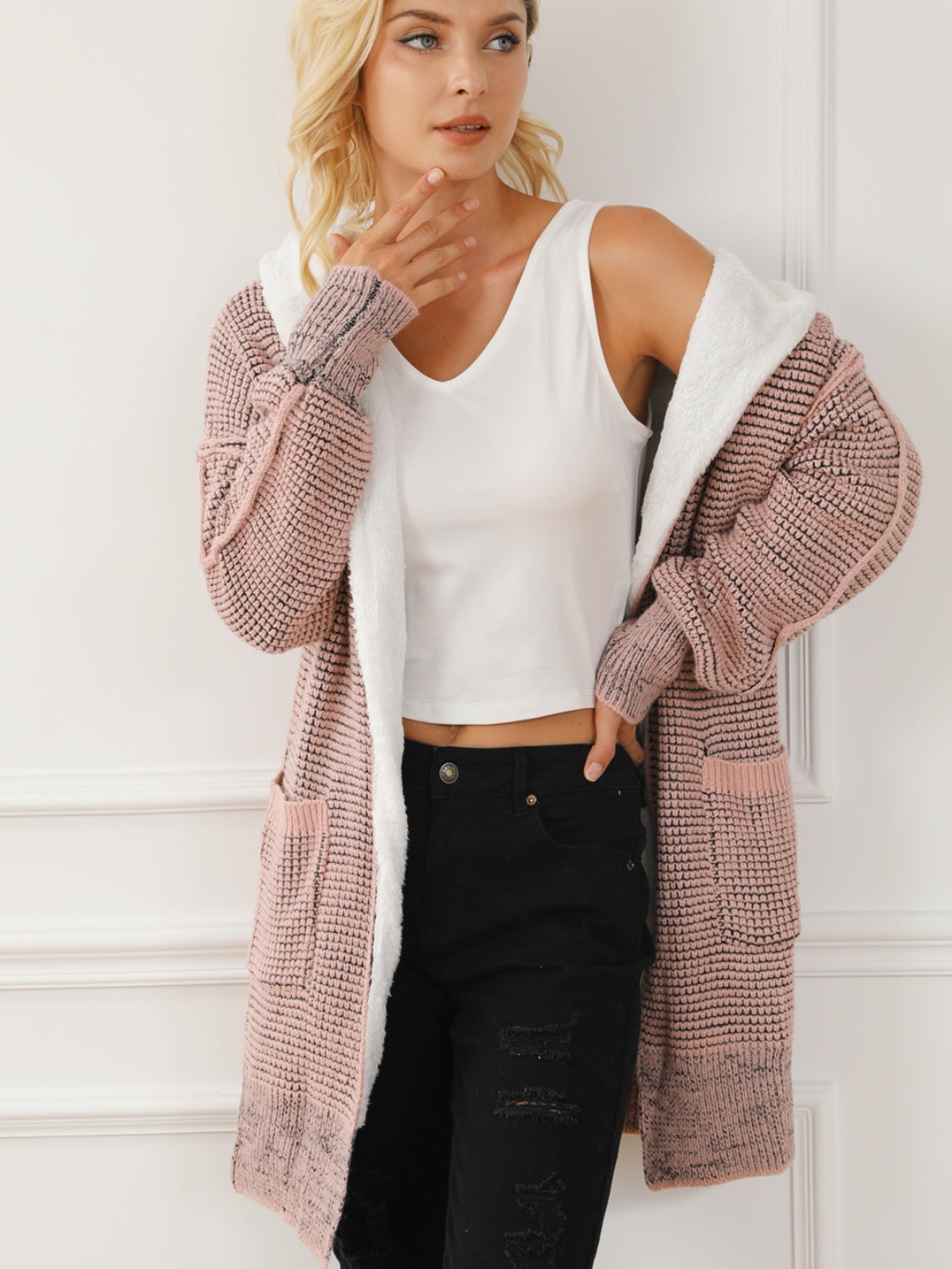 Open Front Hooded Winter Coat with Pockets - felvior