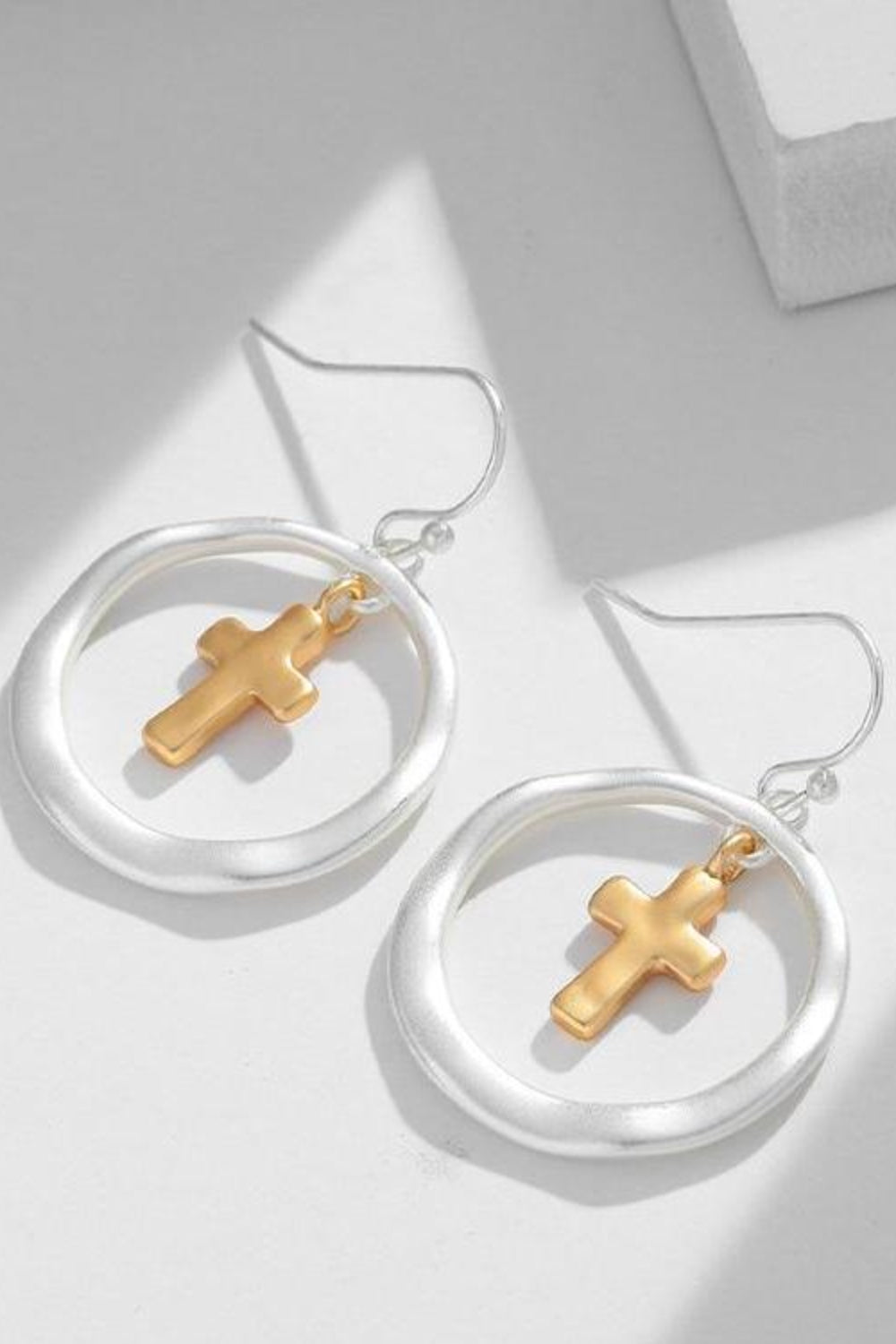 Brass Contrast Cross Dangle Earrings - felvior