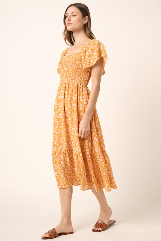 Mittoshop Flower Print Flutter Sleeve Smocked Midi Dress - felvior