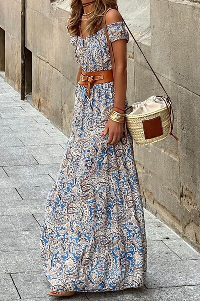 Printed Off-Shoulder Short Sleeve Maxi Dress