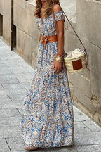 Printed Off-Shoulder Short Sleeve Maxi Dress