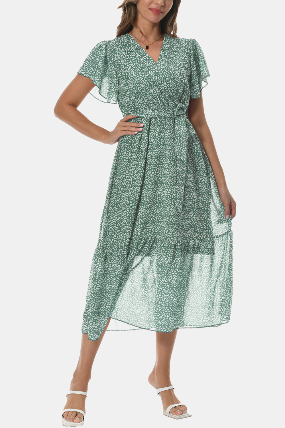 Surplice Neck Flutter Sleeve Tied Dress - felvior
