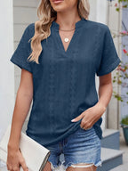 Eyelet Notched Short Sleeve Top