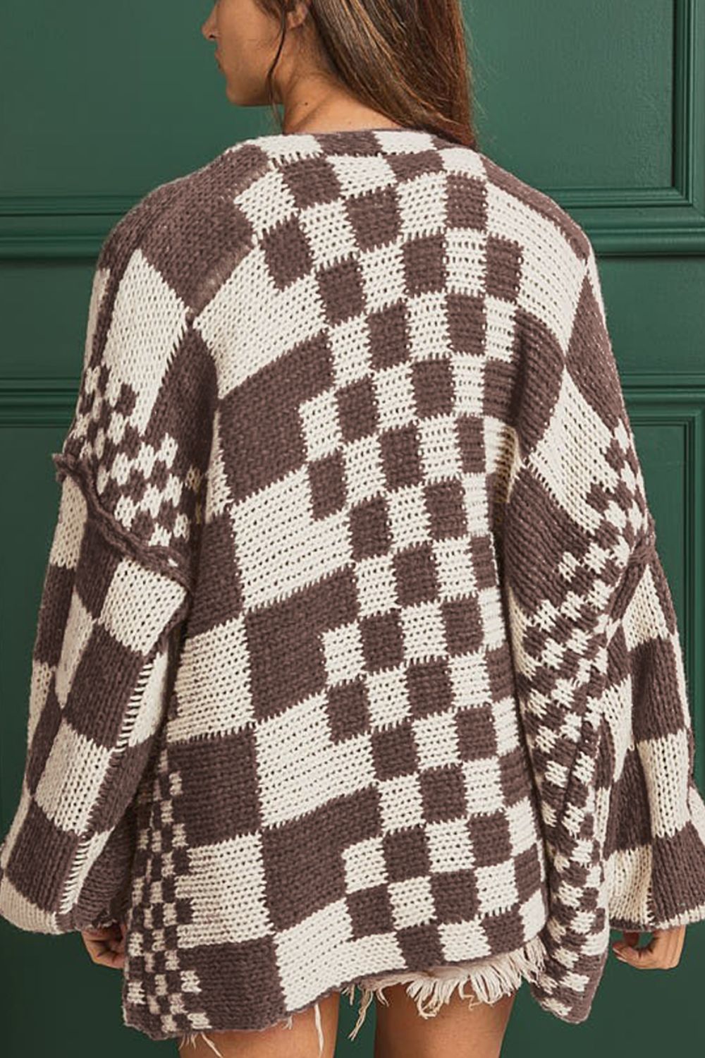 Checkered Open Front Long Sleeve Cardigan - felvior