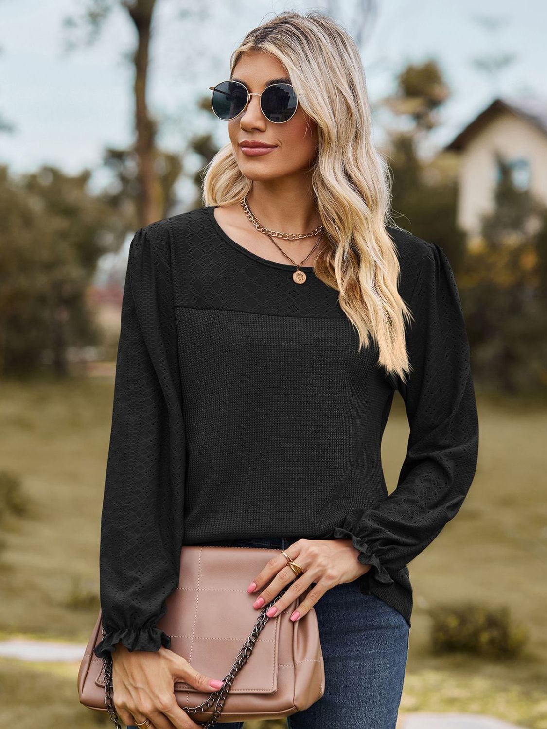 Round Neck Flounce Sleeve Top - felvior
