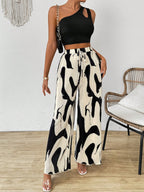 Cutout One Shoulder Top and Printed Pants Set