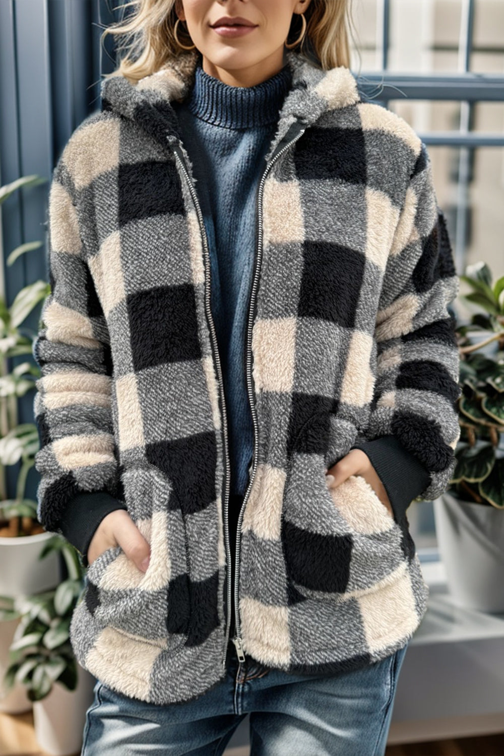 Double Take Full Size Plaid Long Sleeve Hooded Coat - felvior