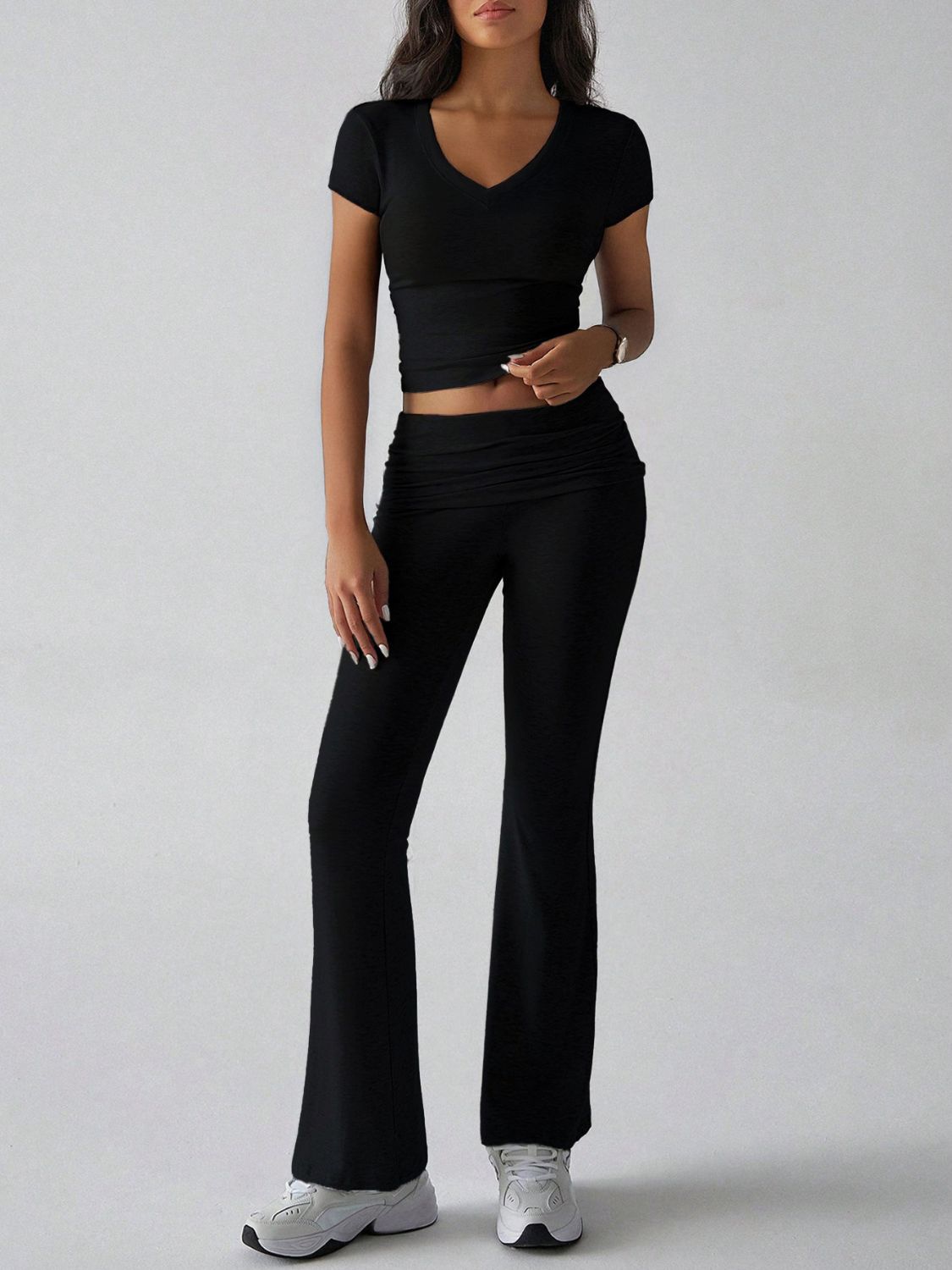 Devine V-Neck Top and Bootcut Leggings Set - felvior
