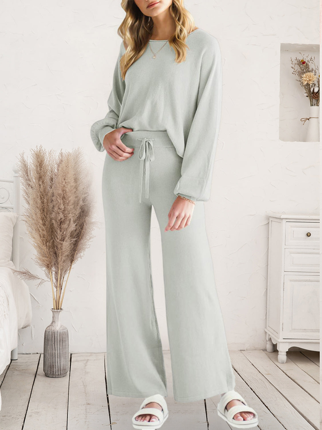 Long Sleeve Lounge Top and Drawstring Pants Set - felvior