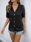 Perfee Button Down Short Sleeve Lace Shirt - felvior