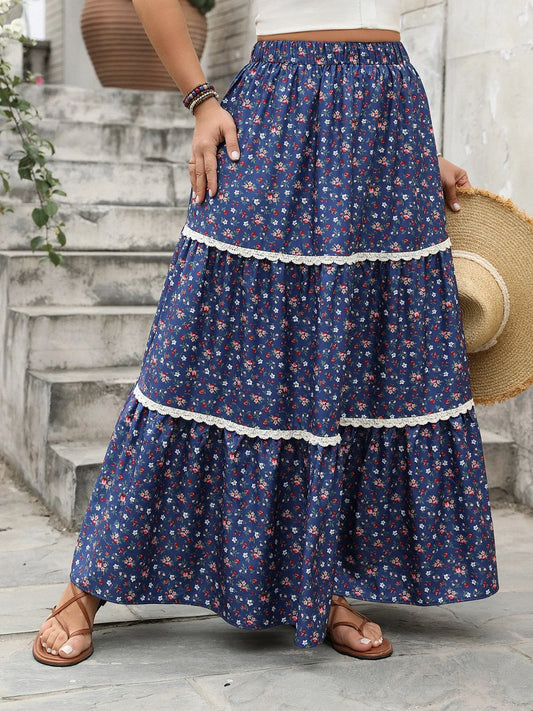 Plus Size Floral Elastic Waist Maxi Skirt - felvior