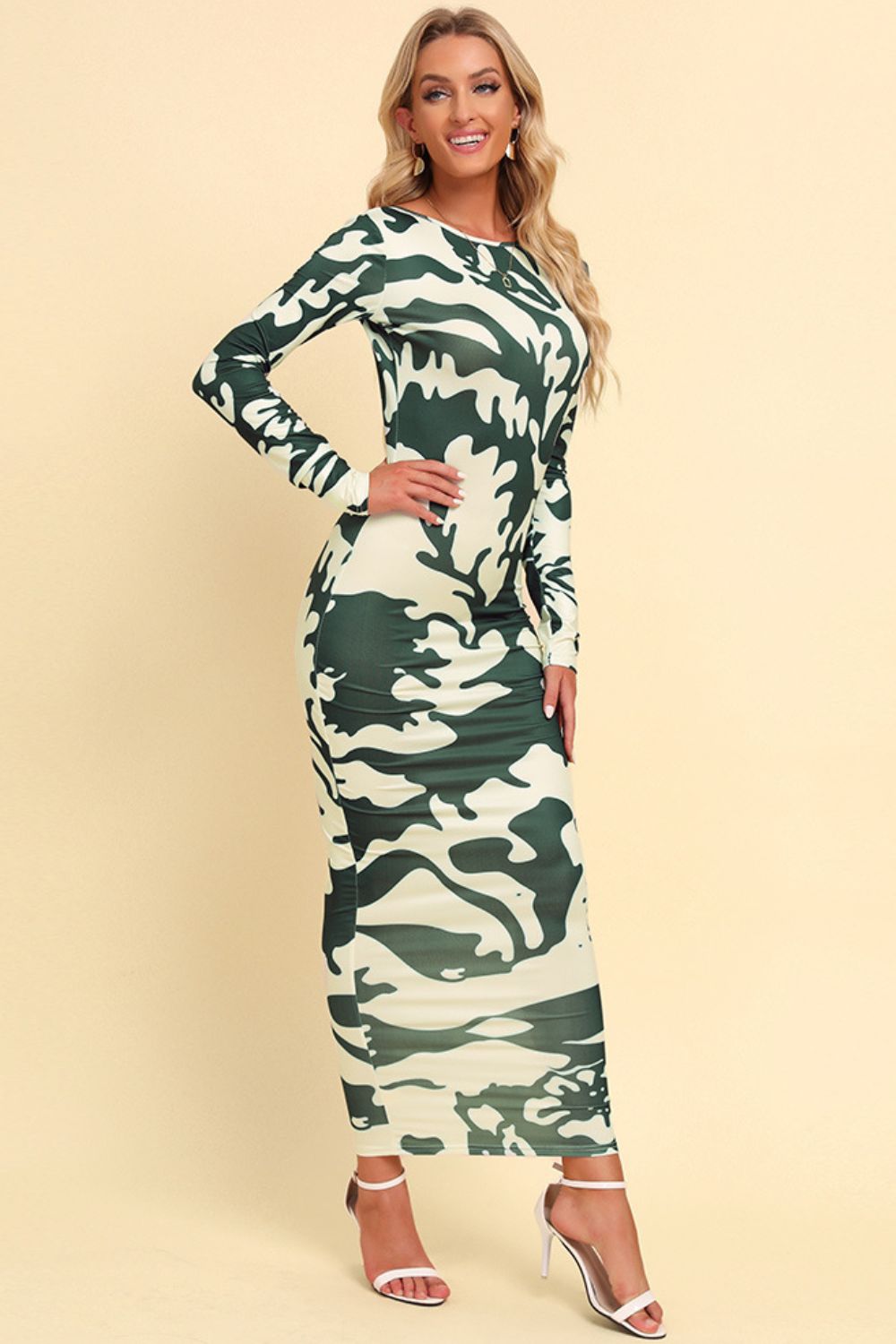 Printed Backless Long Sleeve Maxi Dress - felvior