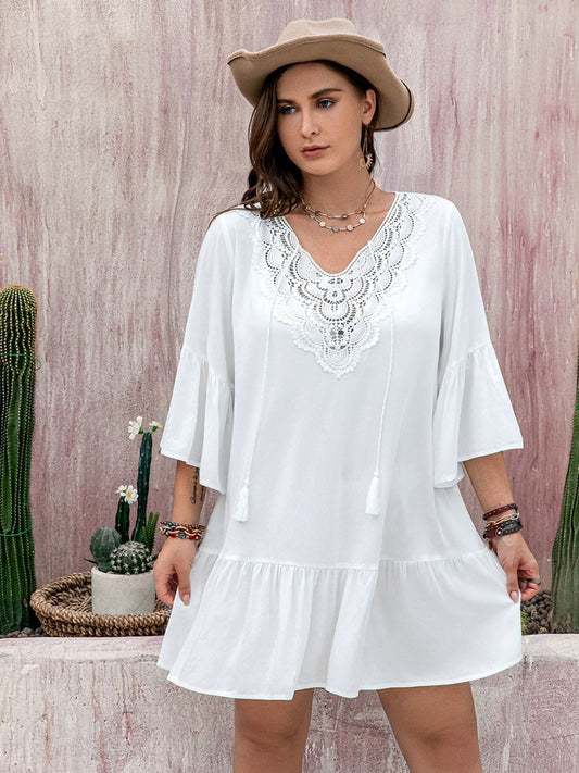 Plus Size Lace Detail Tie Neck Three-Quarter Sleeve Mini Dress - felvior