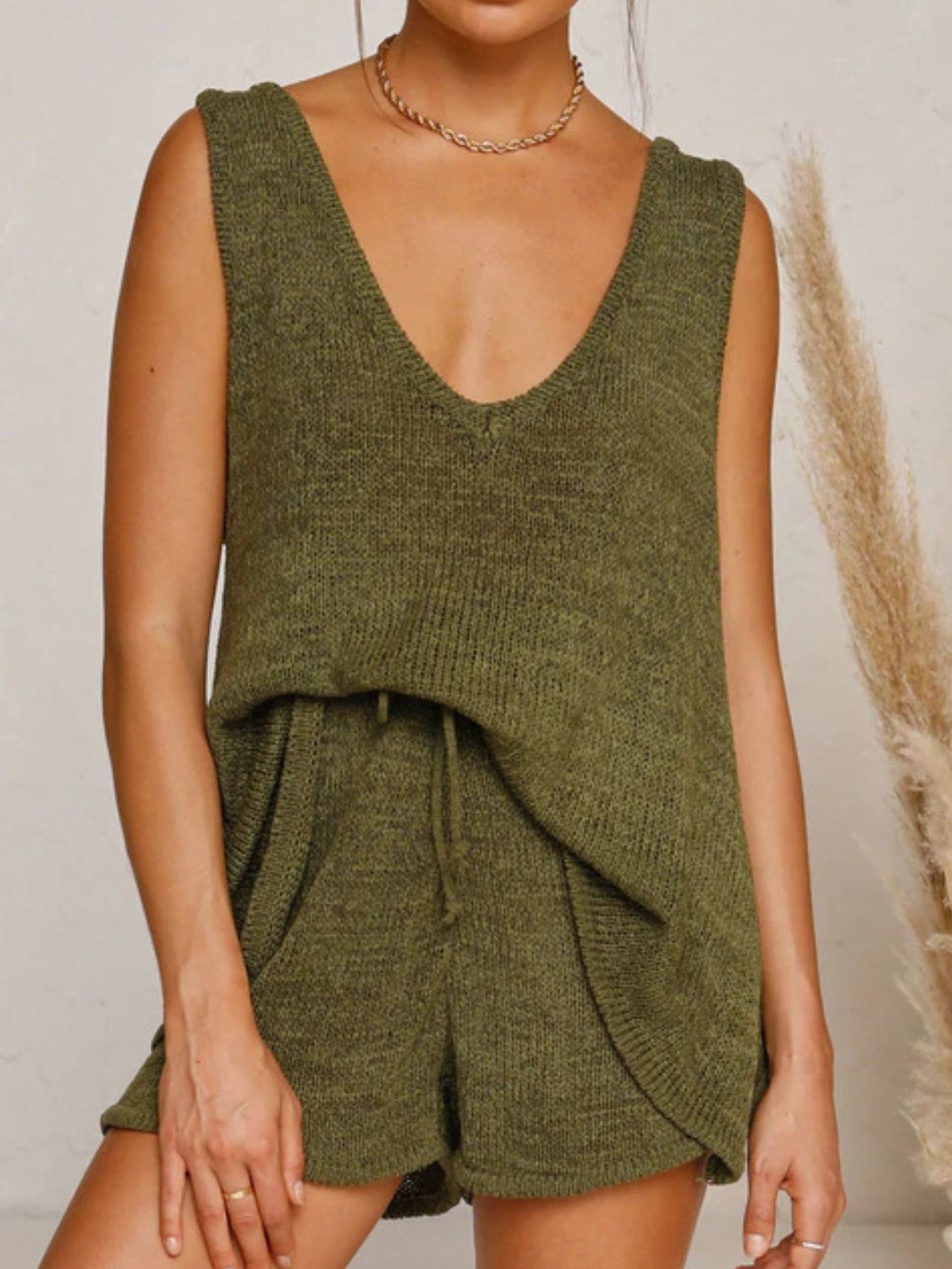 V-Neck Sleeveless Top and Drawstring Shorts Sweater Set - felvior
