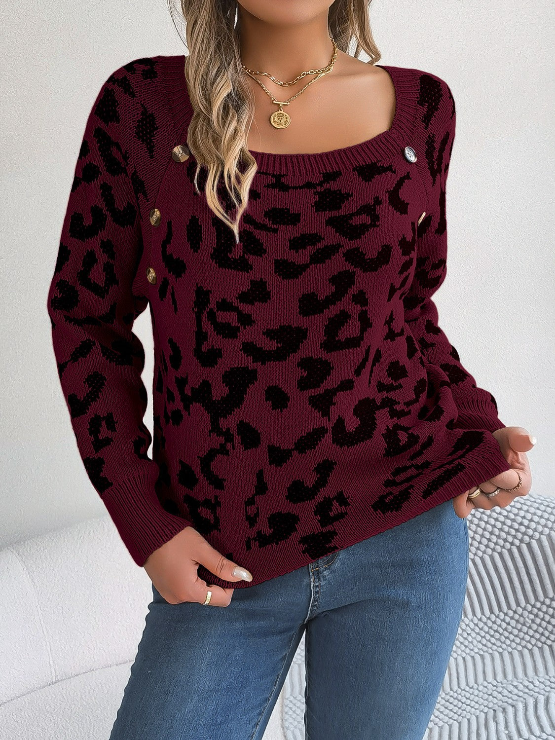 Leopard Buttoned Square Neck Sweater - felvior