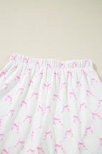 Bow Print Lettuce Trim Round Neck Top and Shorts Lounge Set