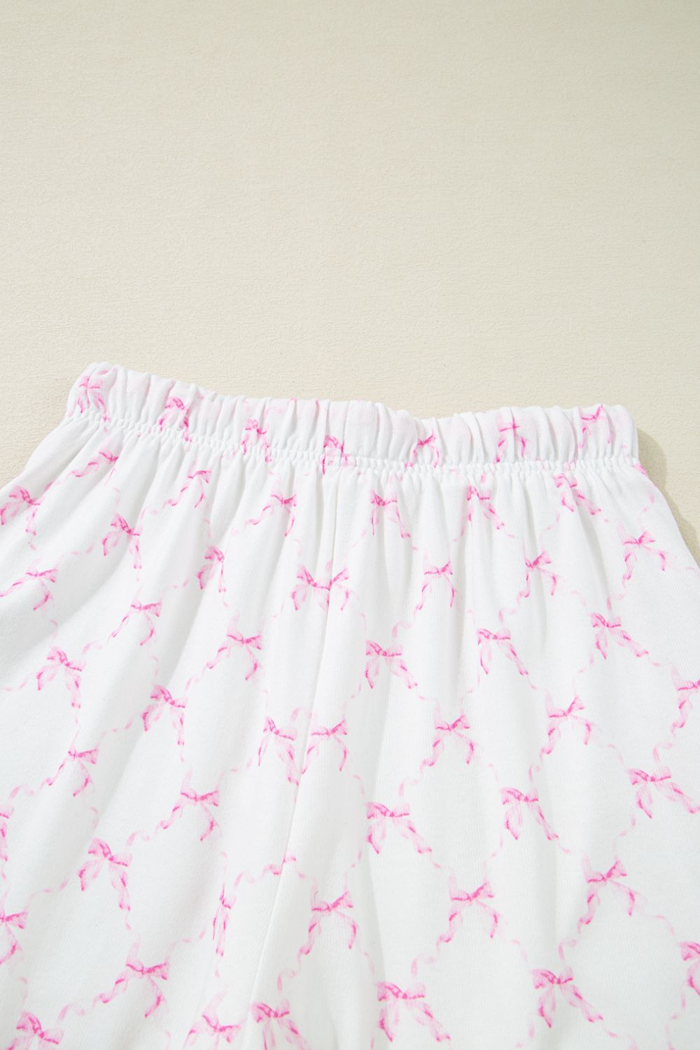 Bow Print Lettuce Trim Round Neck Top and Shorts Lounge Set