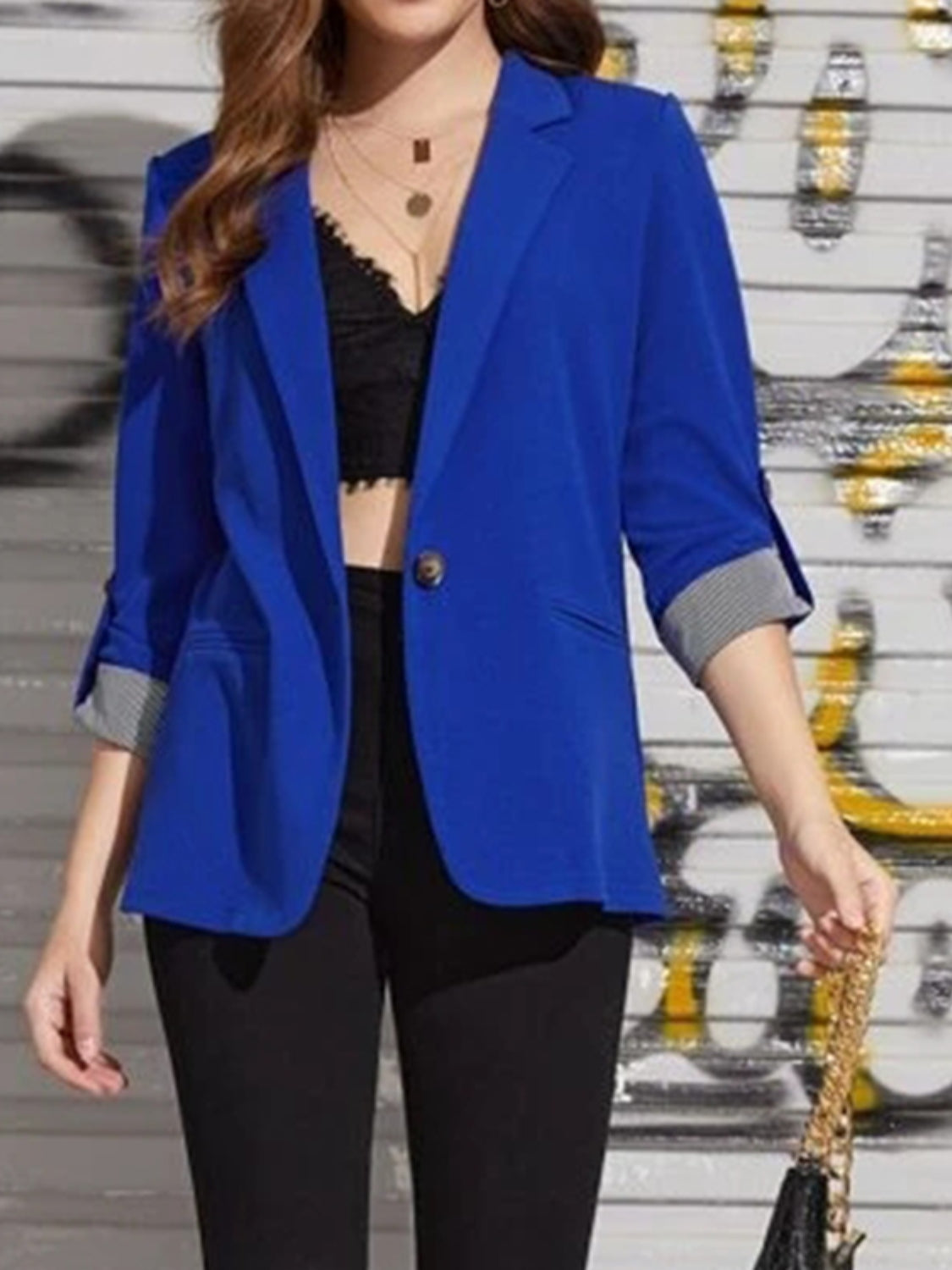 Lapel Collar Roll-Tab Sleeve Blazer - felvior