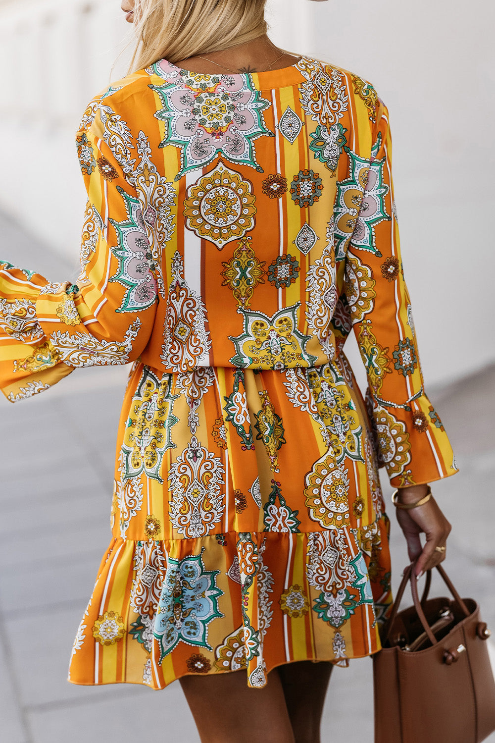 Printed Notched Neck Flounce Sleeve Dress - felvior