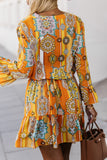 Printed Notched Neck Flounce Sleeve Dress - felvior