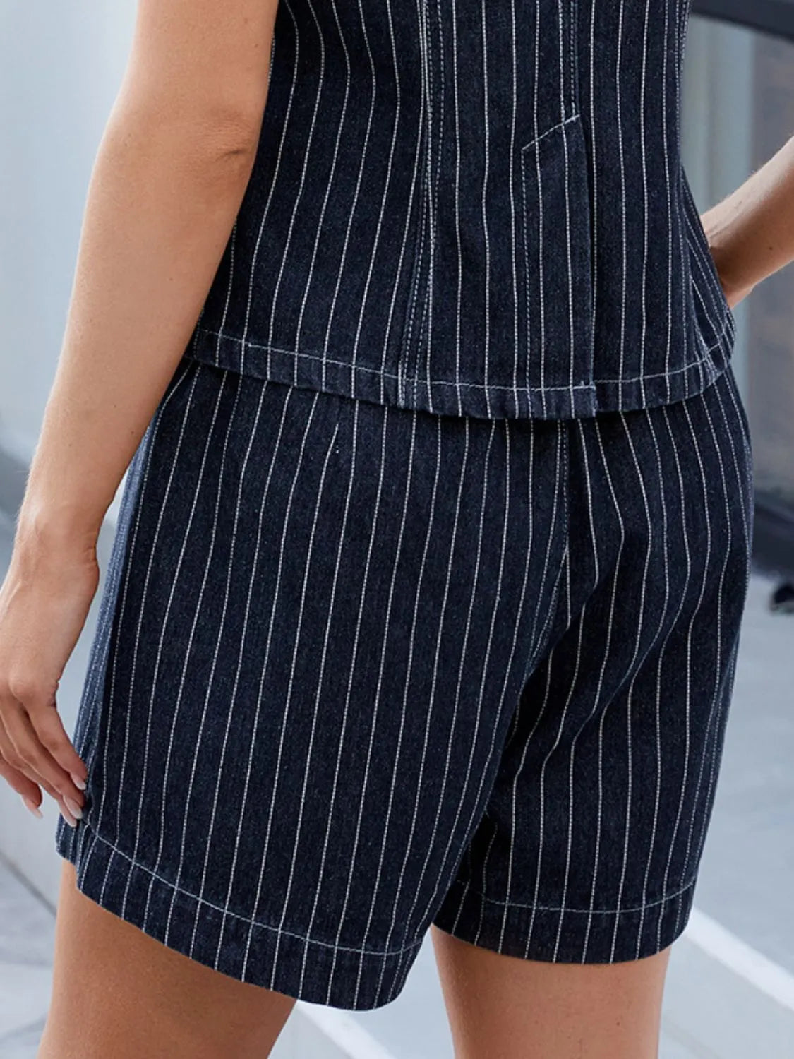 Round Neck Striped Top and Shorts Denim Set - felvior