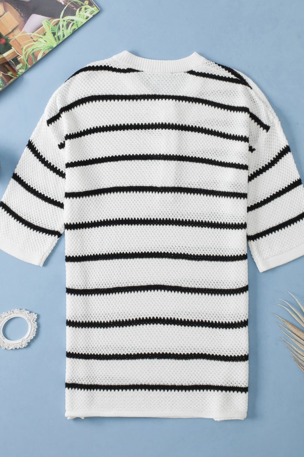 Stripe Drop Shoulder Side Slit Knit Top - felvior