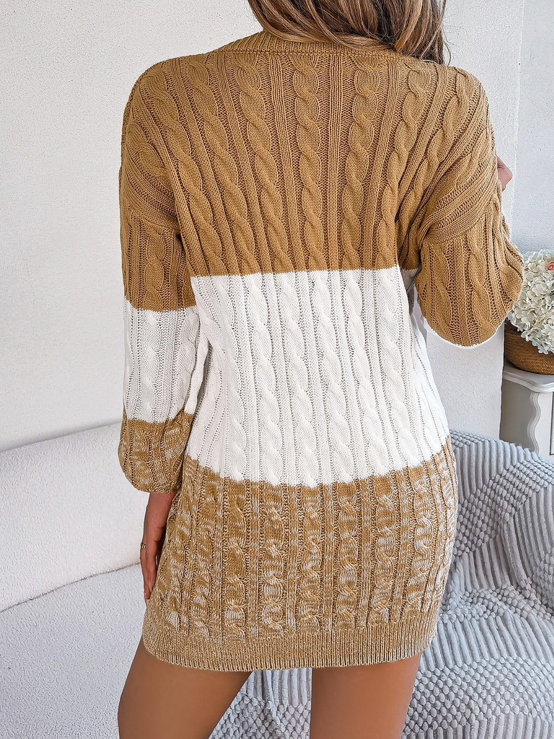 Cable-Knit Round Neck Color Block Sweater Dress - felvior