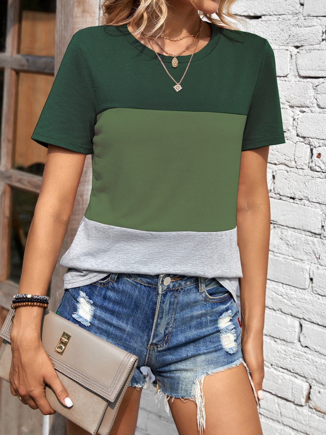 Color Block Round Neck Short Sleeve T-Shirt - felvior