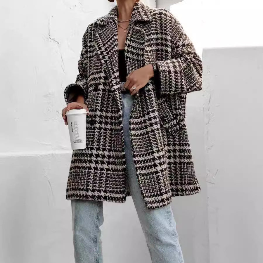 Houndstooth Collared Neck Long Sleeve Coat with Pockets - felvior