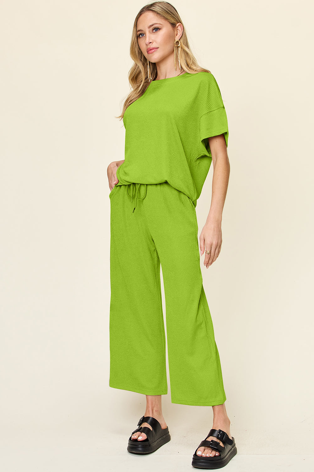 Double Take Full Size Texture Round Neck Short Sleeve T-Shirt and Wide Leg Pants - felvior