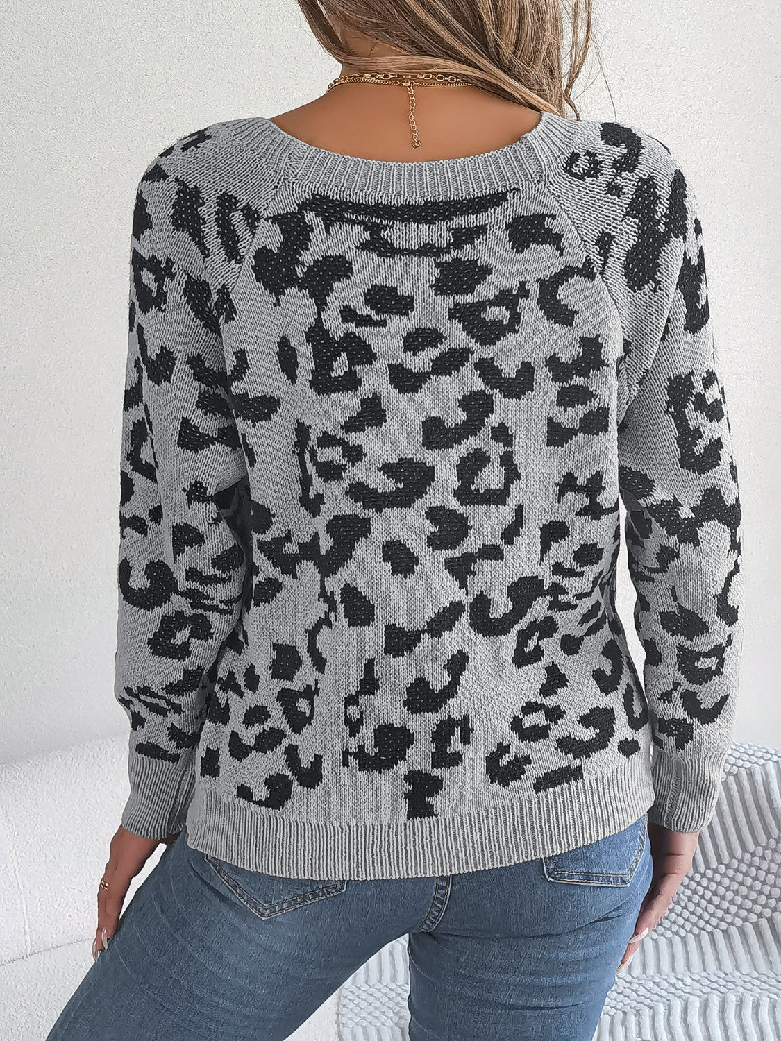 Leopard Buttoned Square Neck Sweater - felvior