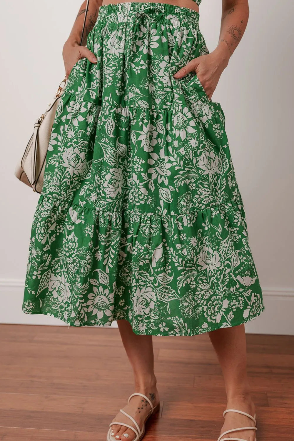 Floral Print Shirred Crop Top and Midi Skirt Set - felvior