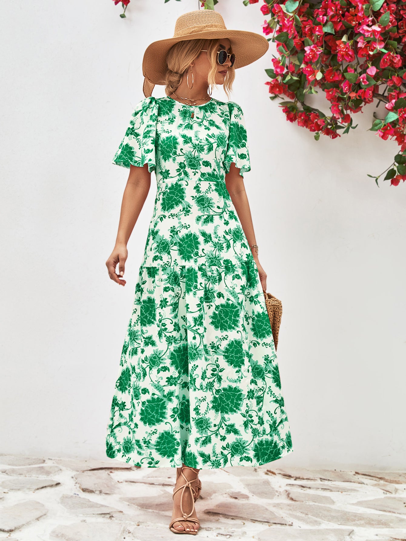 Floral Round Neck Tied Open Back Dress - felvior