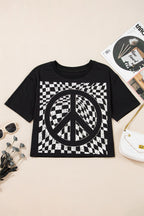 Checkered Peace Sign Round Neck T-Shirt