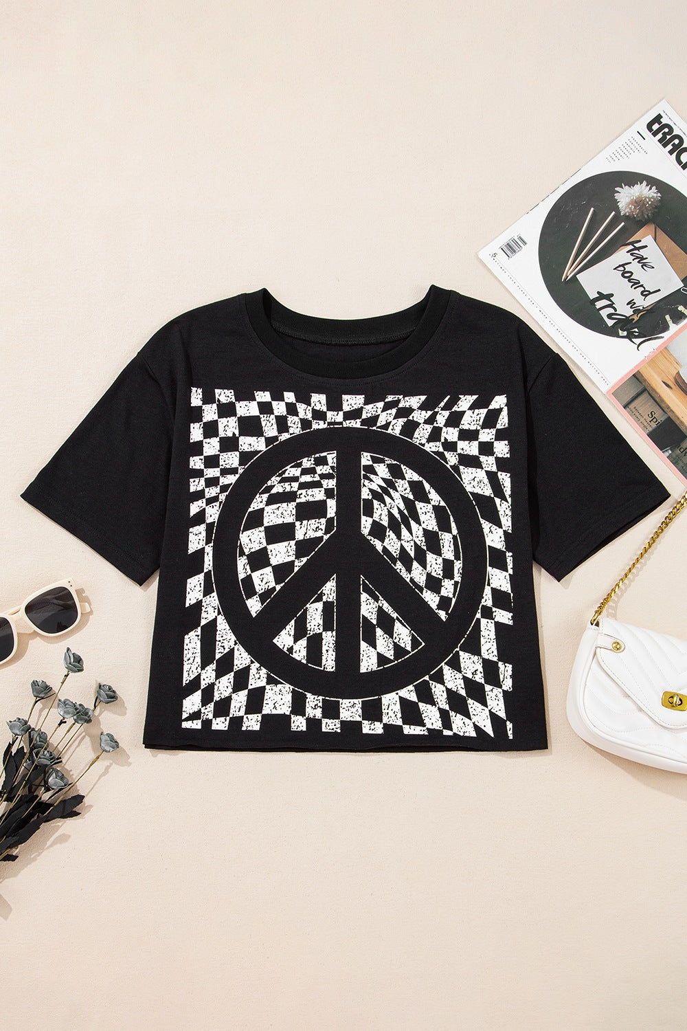 Checkered Peace Sign Round Neck T-Shirt