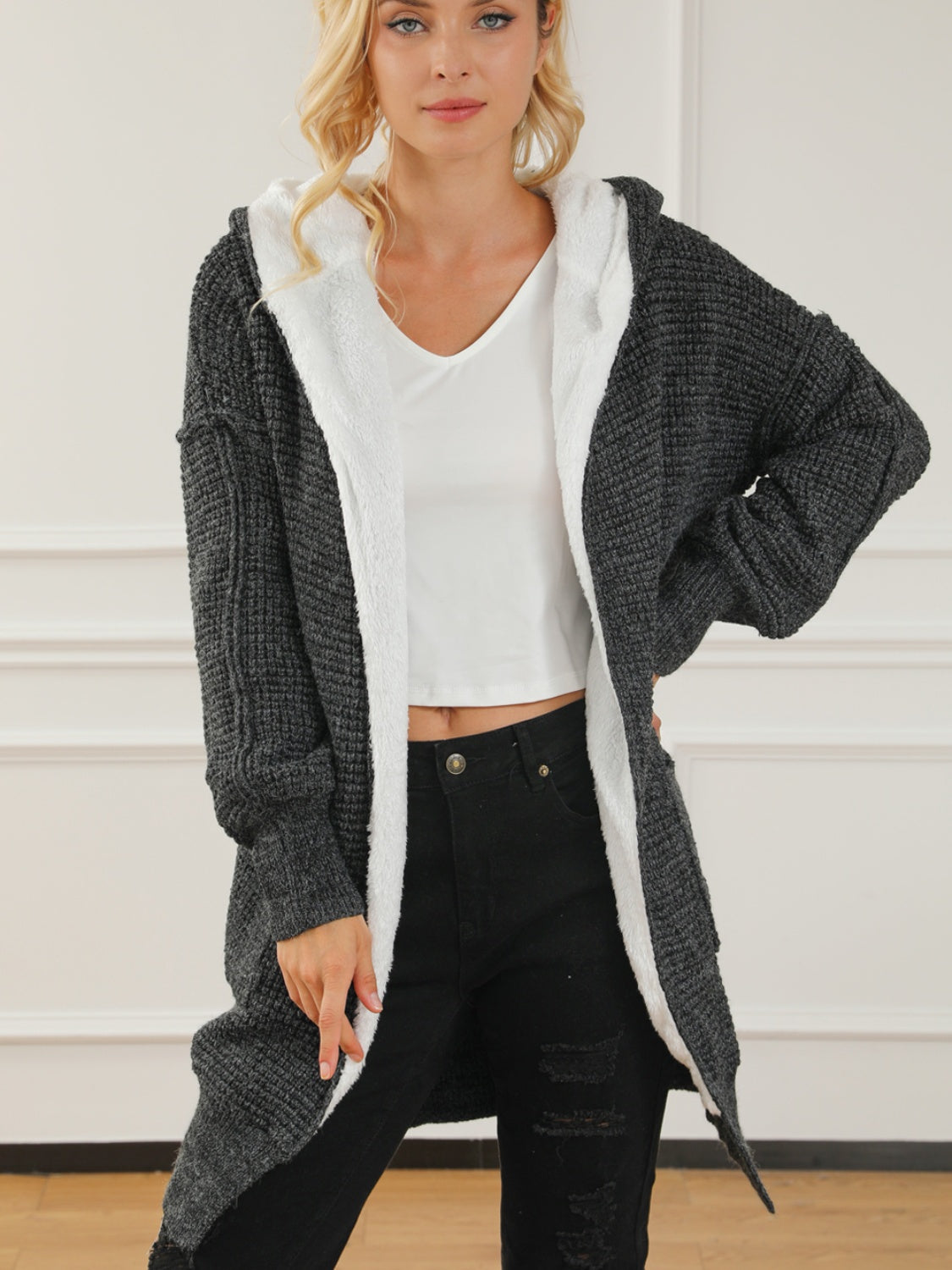 Open Front Hooded Winter Coat with Pockets - felvior