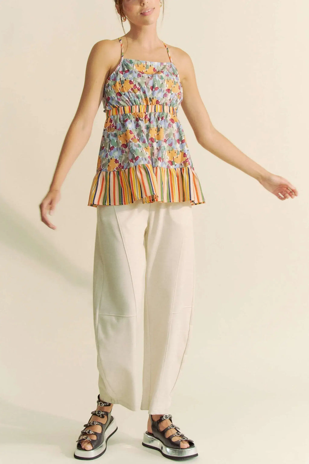 Davi & Dani Floral Smocked Sleeveless Ruffle Back Tie Top