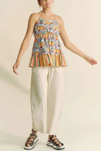 Davi & Dani Floral Smocked Sleeveless Ruffle Back Tie Top